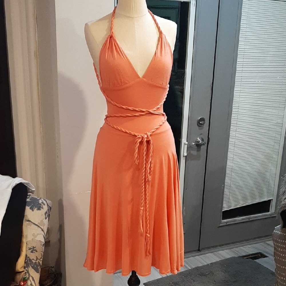 Elegant Orange Halter Dress Fit Size Small Peach Color Damage Sell As Is